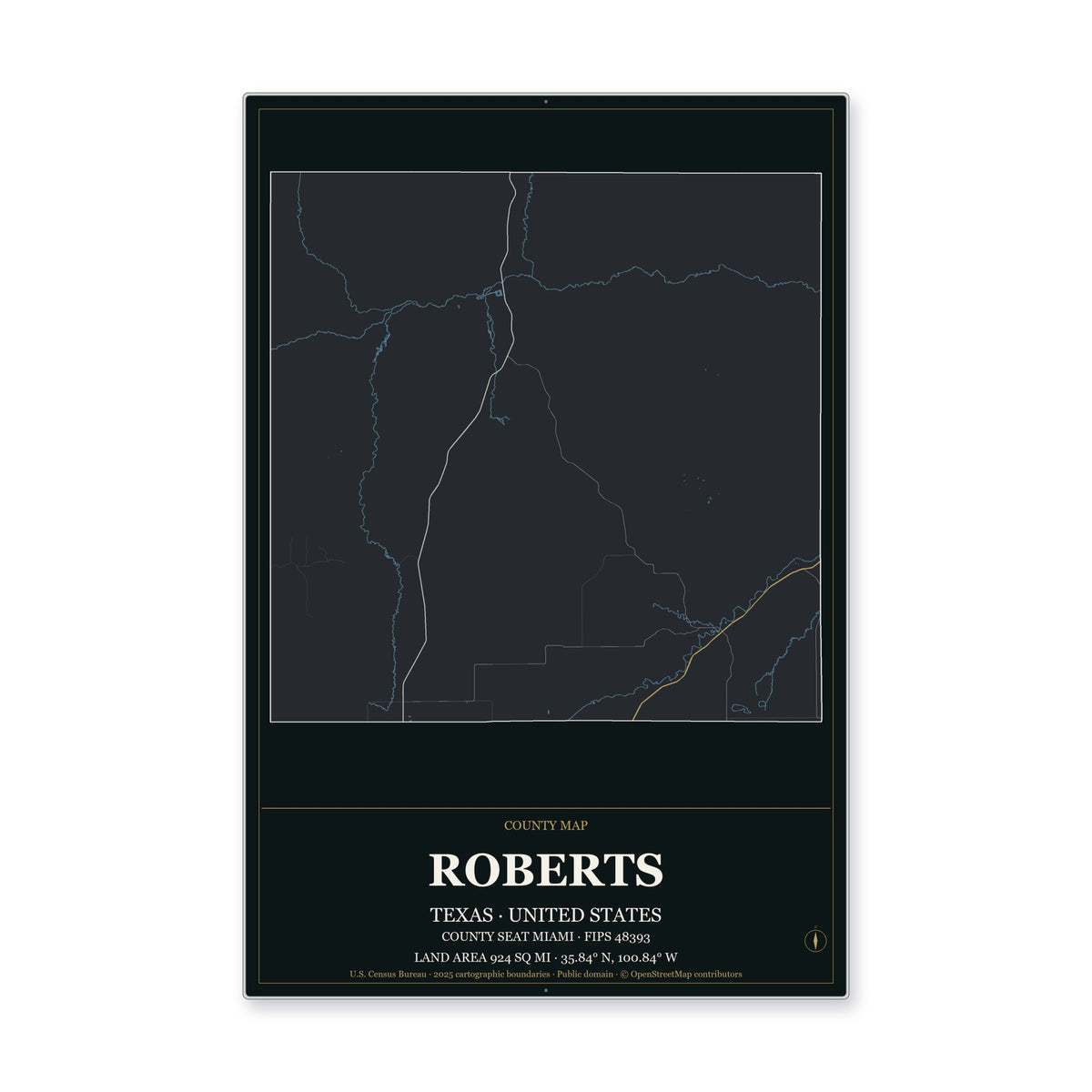 Roberts County, Texas Map Aluminum Sign in Metropolitan Noir style