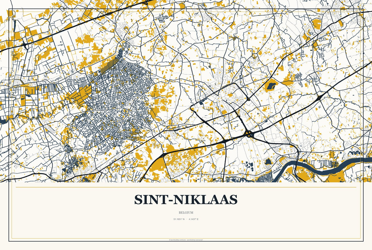 Sint-Niklaas, Belgium City Map Aluminum Sign in Citrine Modern style