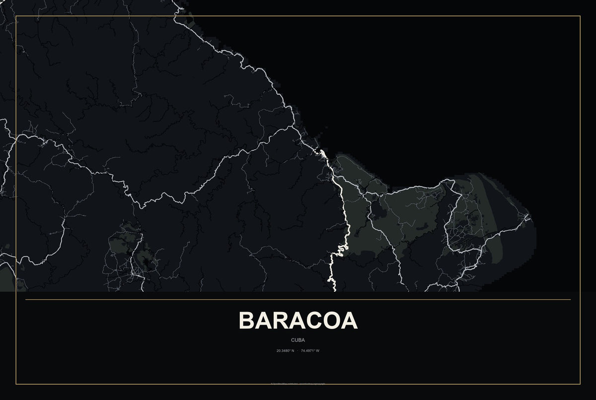 Baracoa, Cuba City Map Aluminum Sign in Metropolitan Noir style