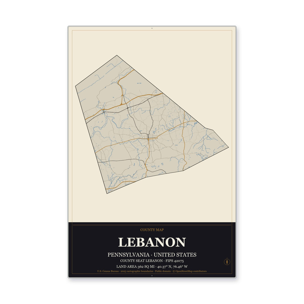 Lebanon County, Pennsylvania Map Aluminum Sign in Museum Plaque style