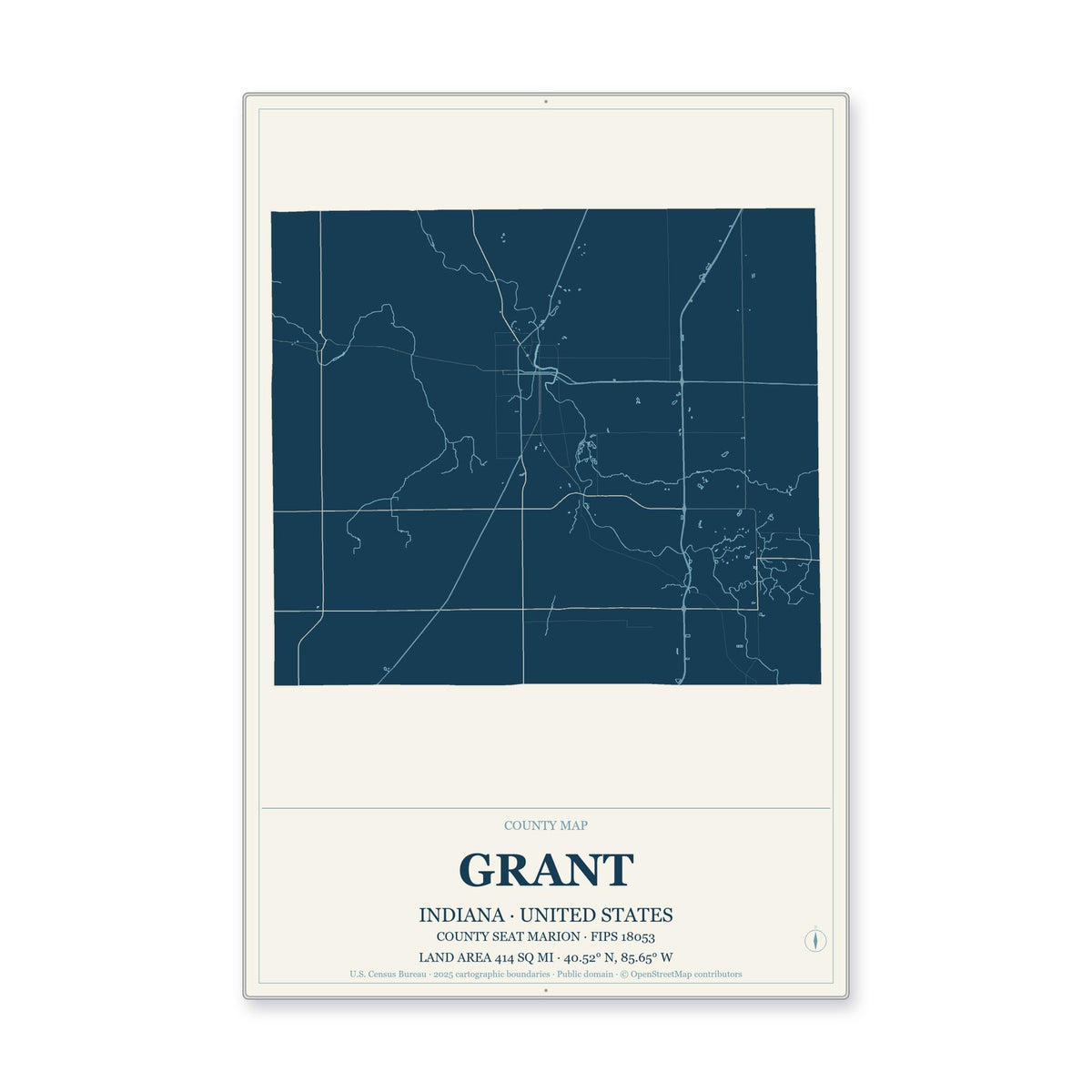 Grant County, Indiana Map Aluminum Sign in Coastal Cutout style