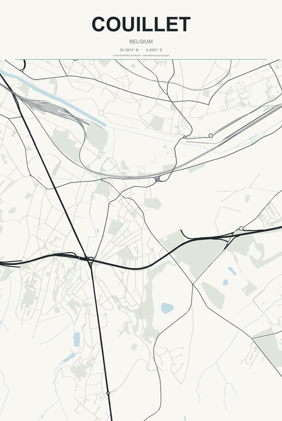 Couillet, Belgium City Map Aluminum Sign in Headline Atlas style