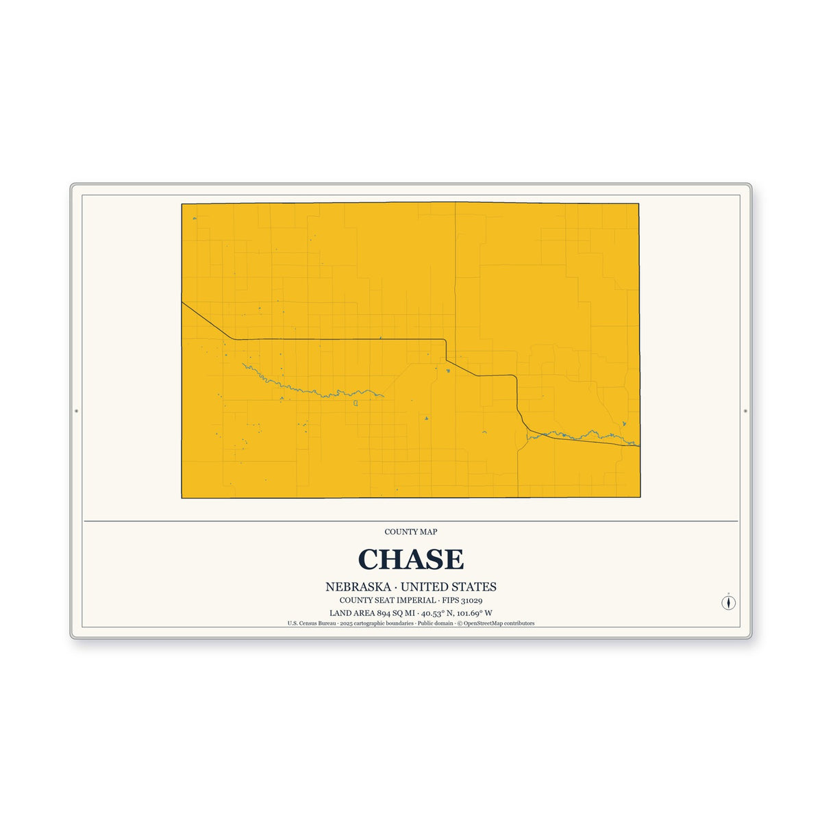 Chase County, Nebraska Map Aluminum Sign in Citrine Modern style