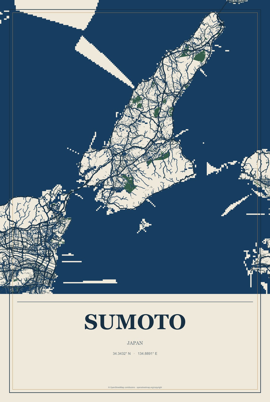 Sumoto, Japan City Map Aluminum Sign in Coastal Cutout style