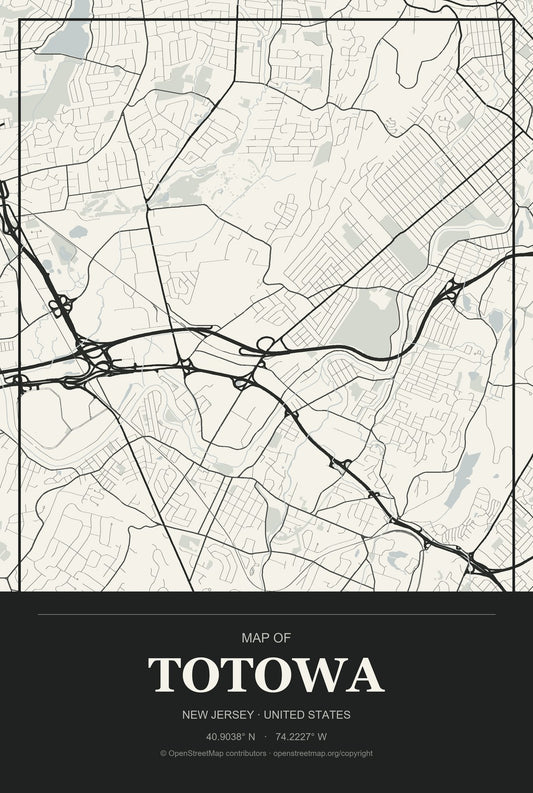 Totowa, New Jersey City Map Aluminum Sign in Museum Plaque style