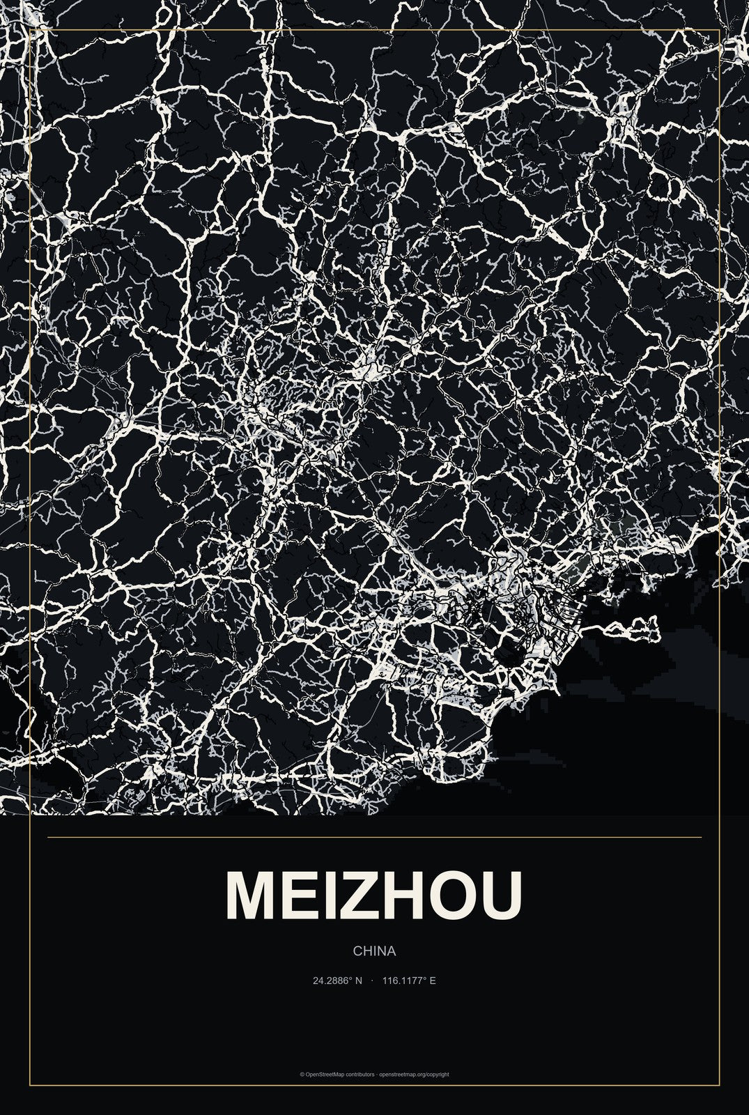 Meizhou, China City Map Aluminum Sign in Metropolitan Noir style