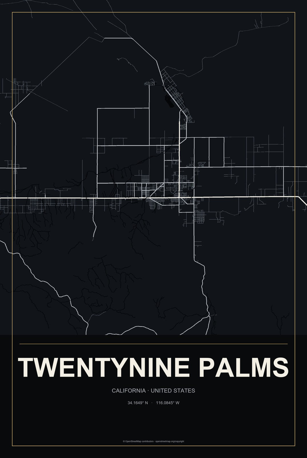 Twentynine Palms, California City Map Aluminum Sign in Metropolitan Noir style