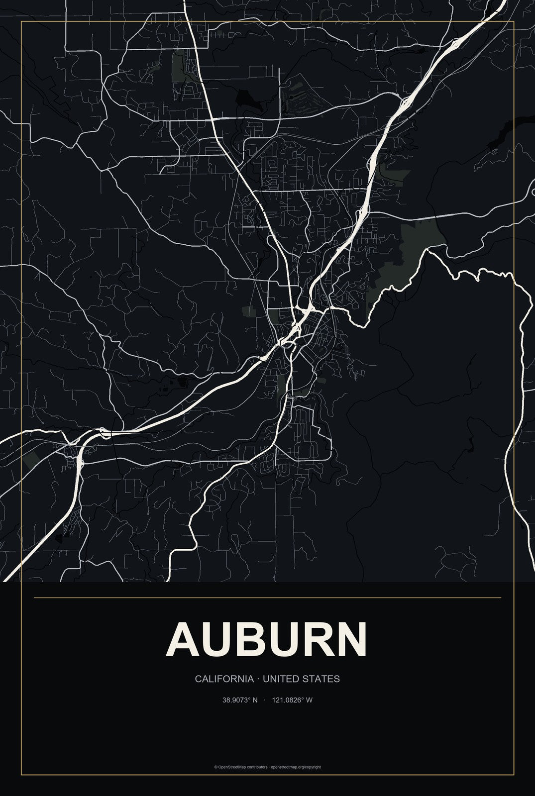 Auburn, California City Map Aluminum Sign in Metropolitan Noir style