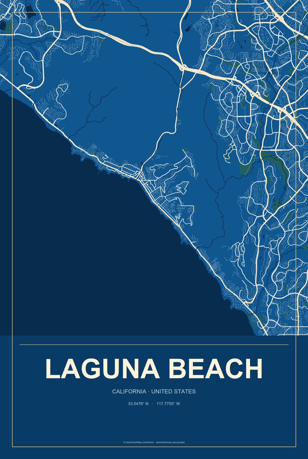 Laguna Beach, California City Map Aluminum Sign in Harbor Cobalt style