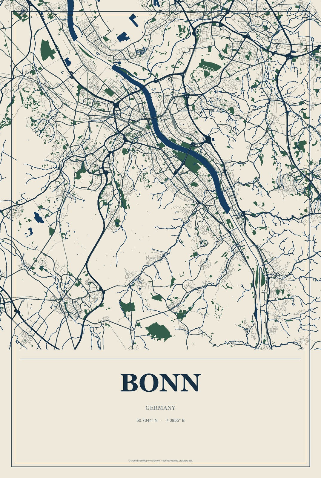 Bonn, Germany City Map Aluminum Sign in Coastal Cutout style