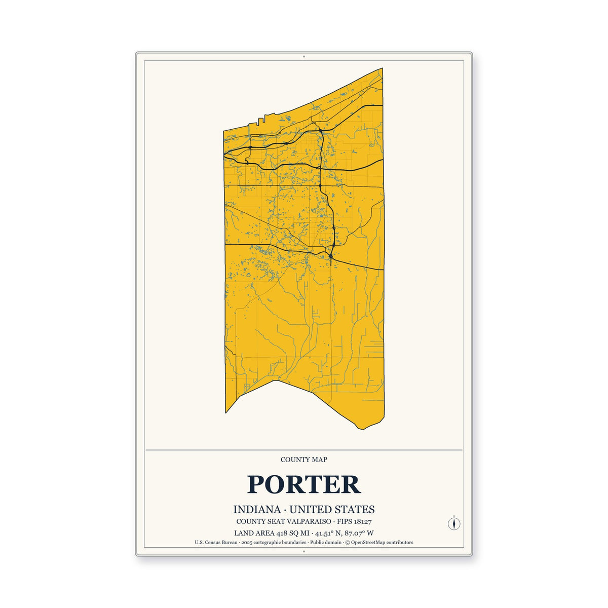 Porter County, Indiana Map Aluminum Sign in Citrine Modern style