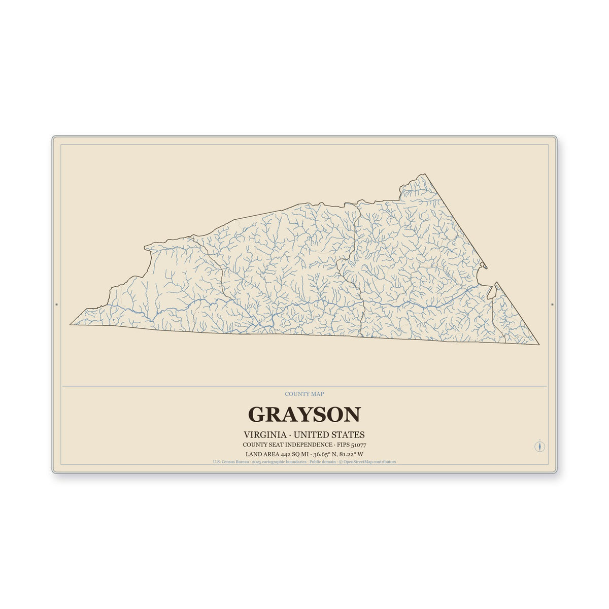 Grayson County, Virginia Map Aluminum Sign in Heritage Nautical style