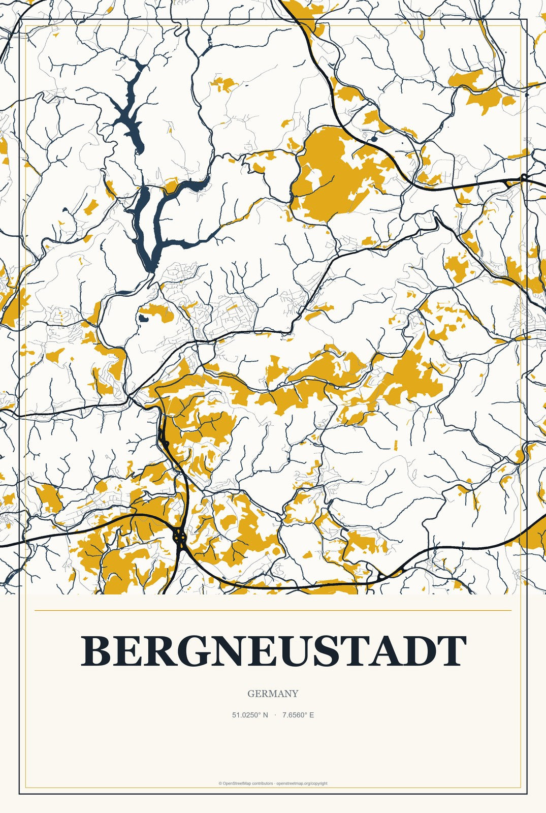 Bergneustadt, Germany City Map Aluminum Sign in Citrine Modern style
