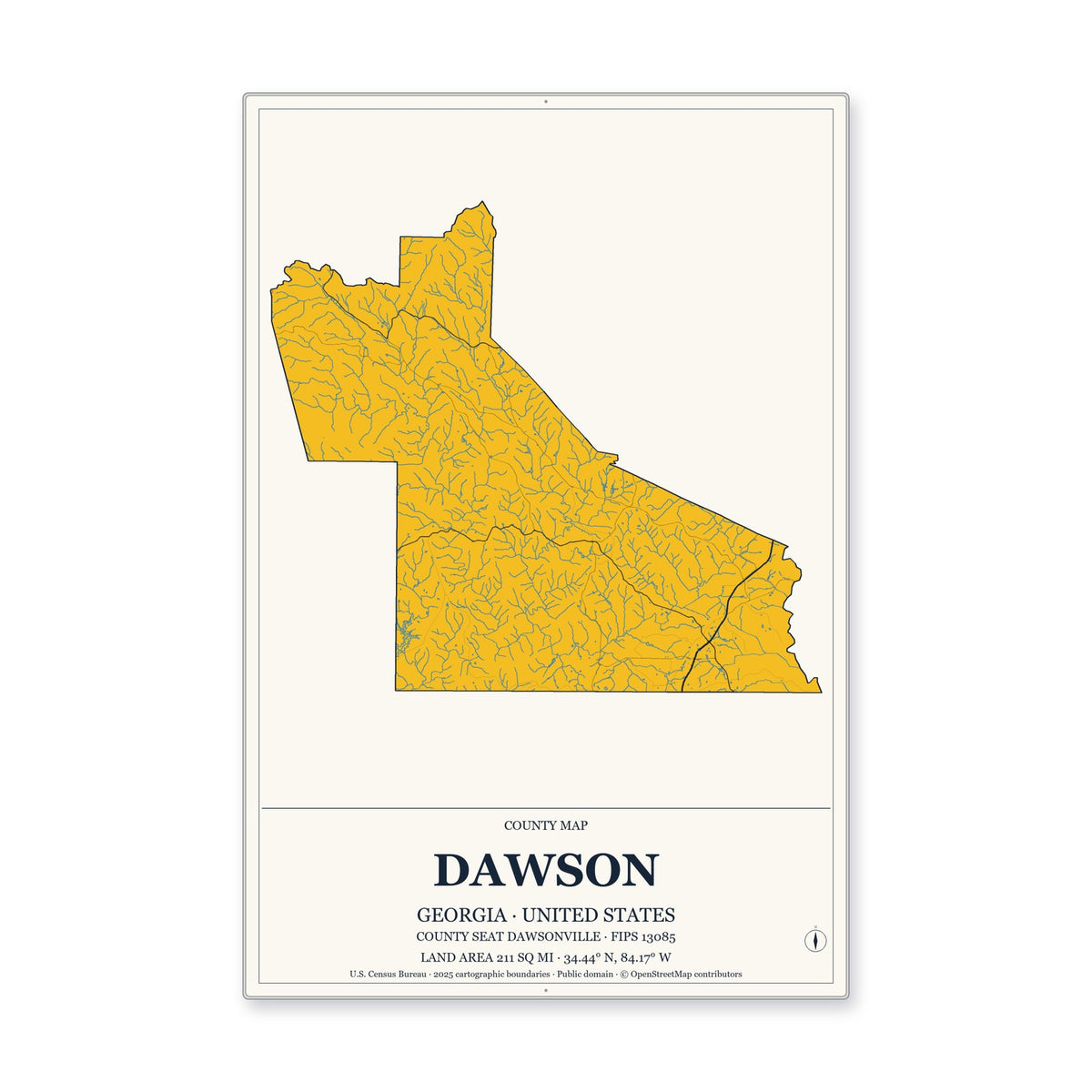 Dawson County, Georgia Map Aluminum Sign in Citrine Modern style