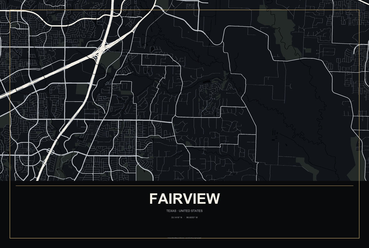 Fairview, Texas City Map Aluminum Sign in Metropolitan Noir style