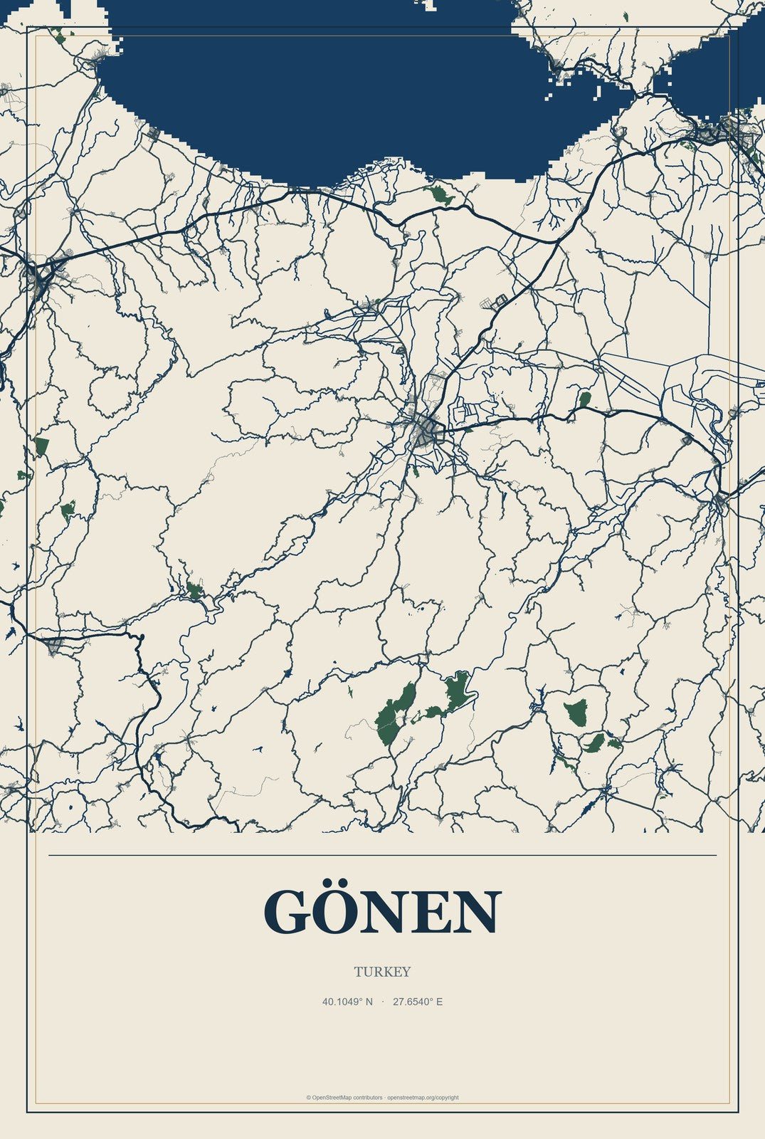 Gönen, Isparta, Turkey City Map Aluminum Sign in Coastal Cutout style