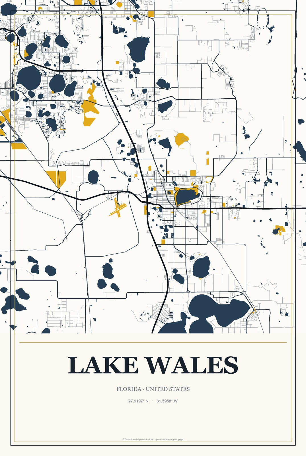 Lake Wales, Florida City Map Aluminum Sign in Citrine Modern style