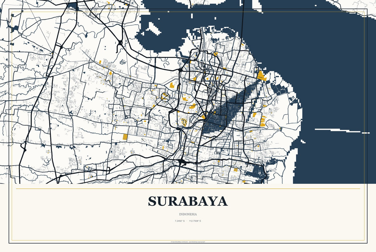 Surabaya, Indonesia City Map Aluminum Sign in Citrine Modern style