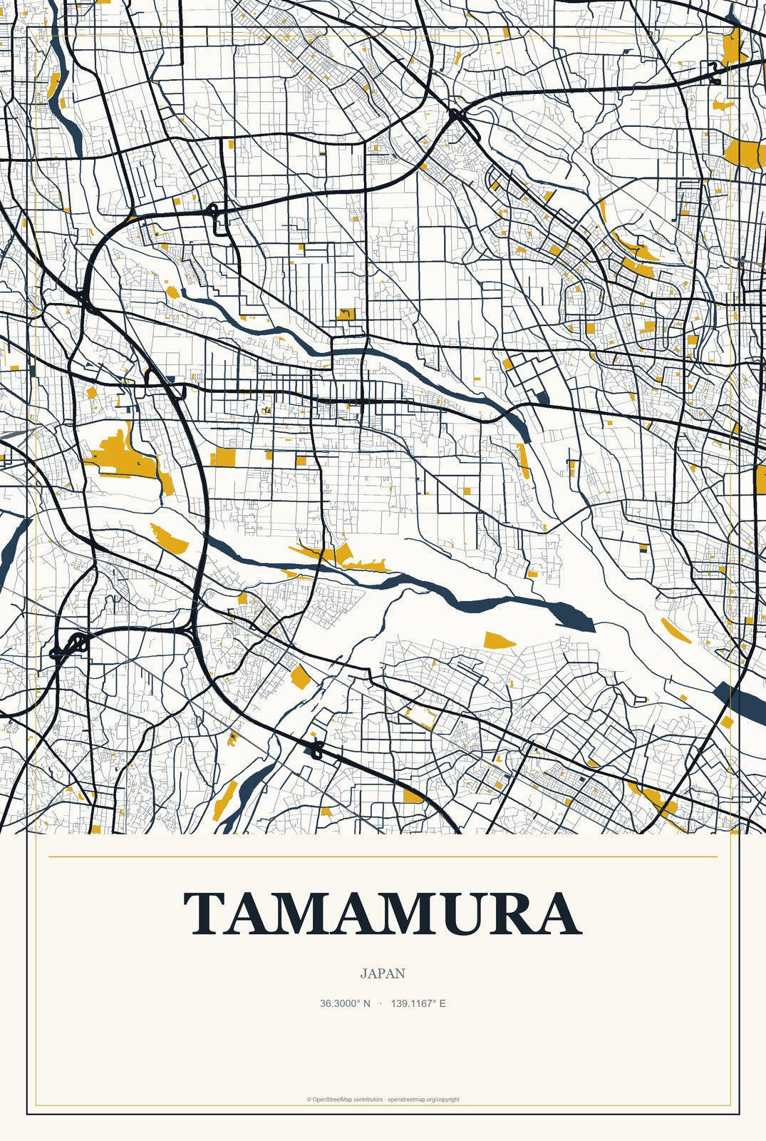 Tamamura, Japan City Map Aluminum Sign in Citrine Modern style