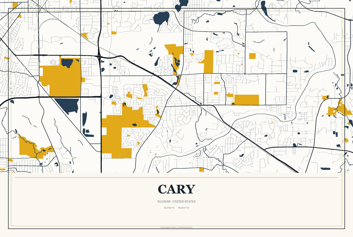 Cary, Illinois City Map Aluminum Sign in Citrine Modern style