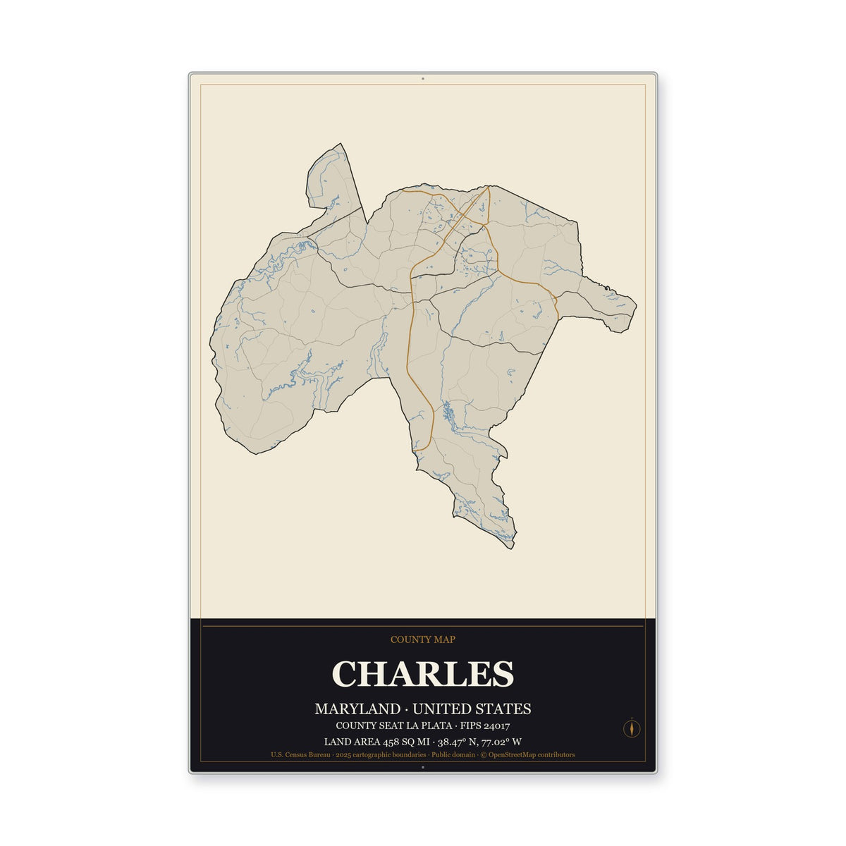 Charles County, Maryland Map Aluminum Sign in Museum Plaque style