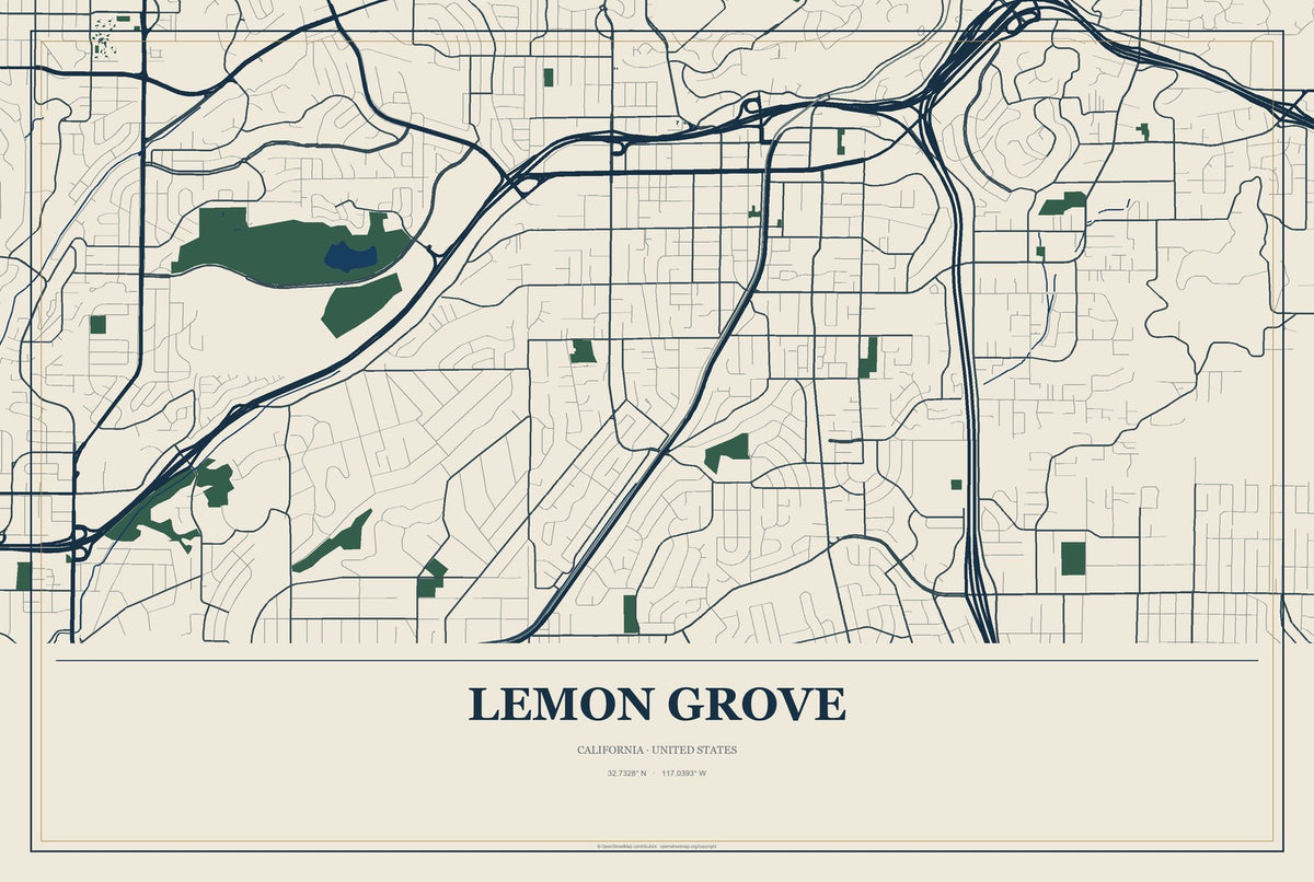 Lemon Grove, California City Map Aluminum Sign in Coastal Cutout style