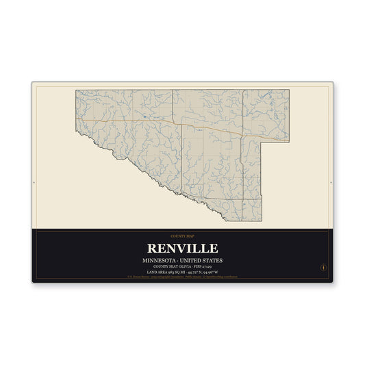 Renville County, Minnesota Map Aluminum Sign in Museum Plaque style