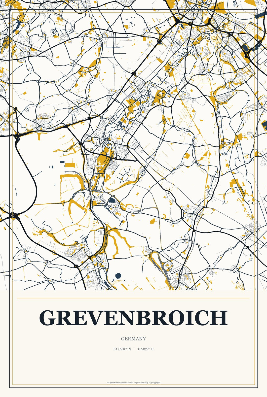 Grevenbroich, Germany City Map Aluminum Sign in Citrine Modern style
