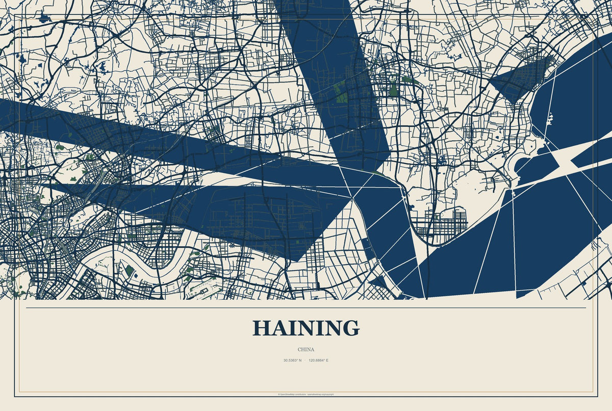 Haining, China City Map Aluminum Sign in Coastal Cutout style
