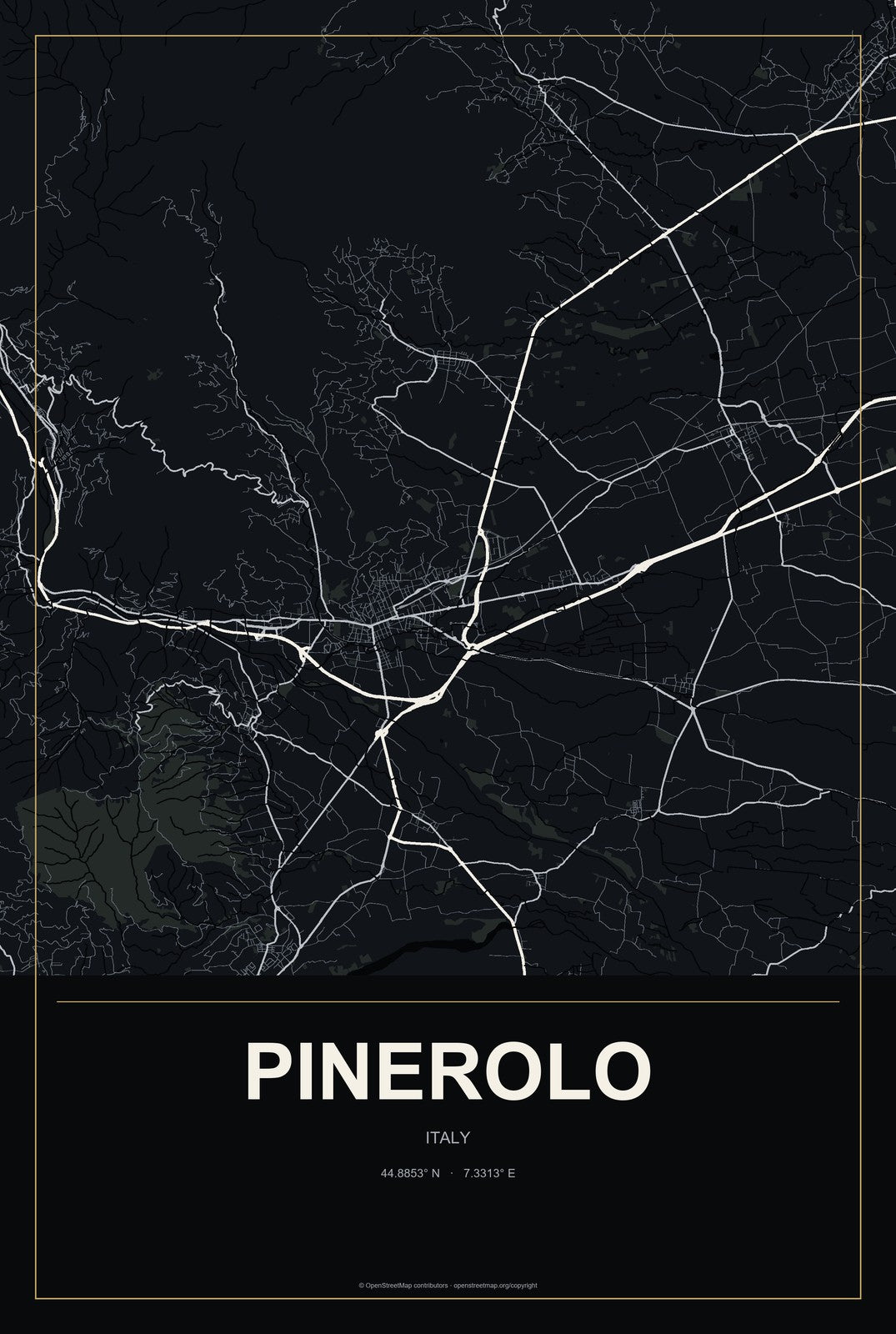 Pinerolo, Italy City Map Aluminum Sign in Metropolitan Noir style
