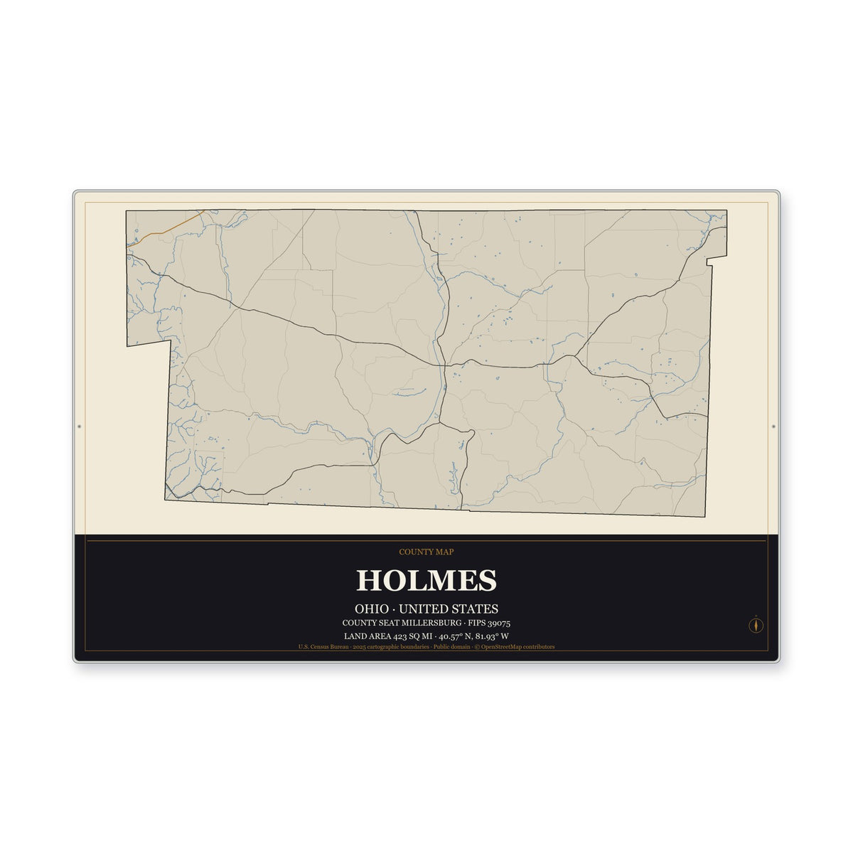 Holmes County, Ohio Map Aluminum Sign in Museum Plaque style