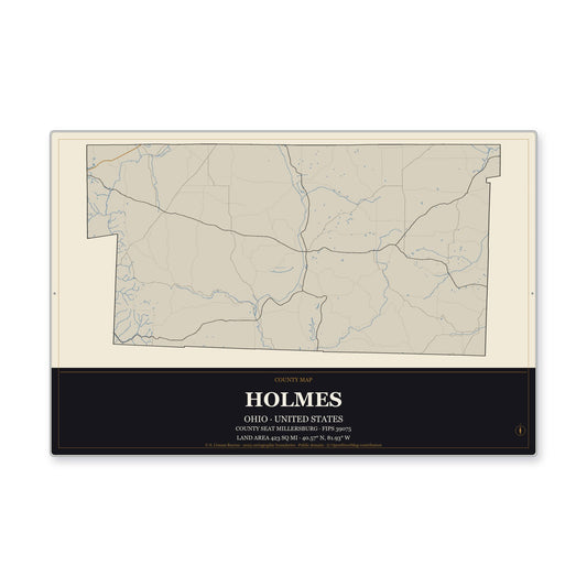 Holmes County, Ohio Map Aluminum Sign in Museum Plaque style