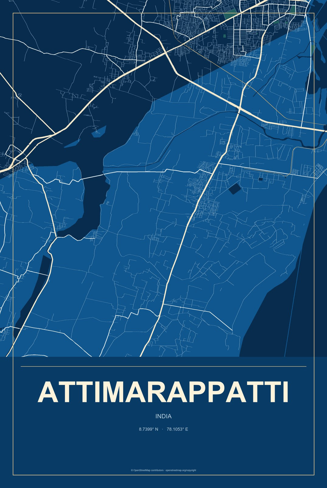 Attimarappatti, India City Map Aluminum Sign in Harbor Cobalt style