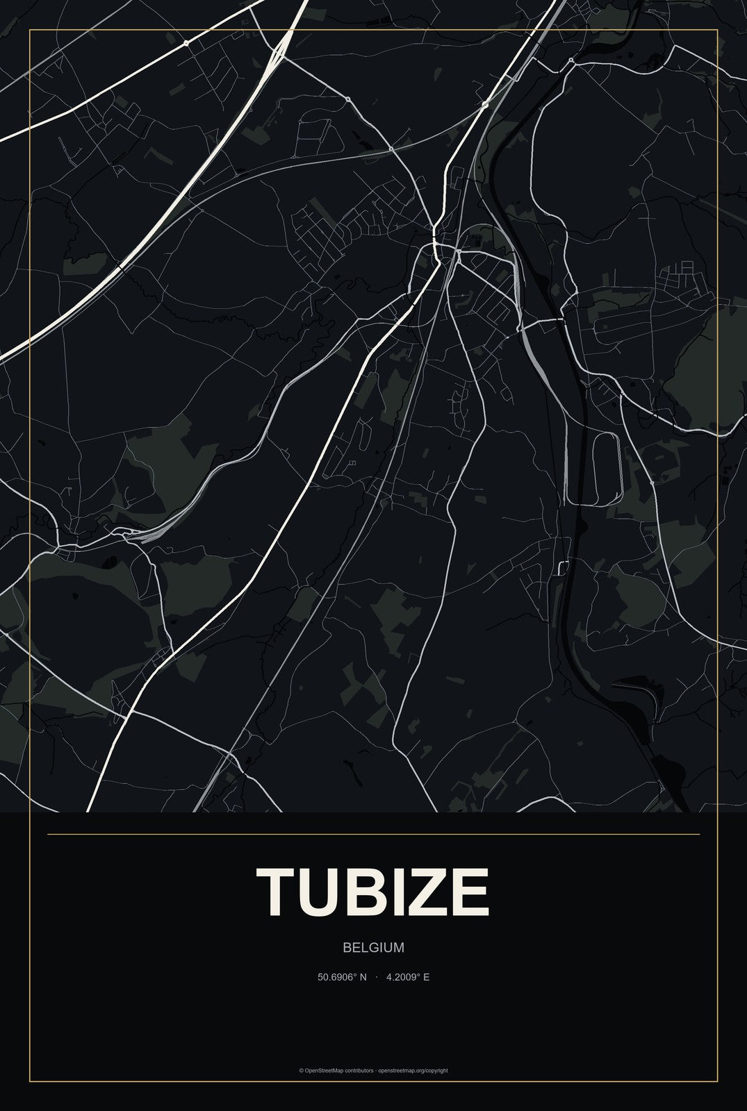Tubize, Belgium City Map Aluminum Sign in Metropolitan Noir style