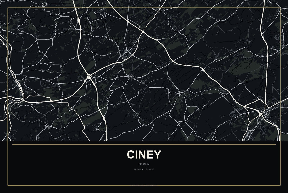 Ciney, Belgium City Map Aluminum Sign in Metropolitan Noir style