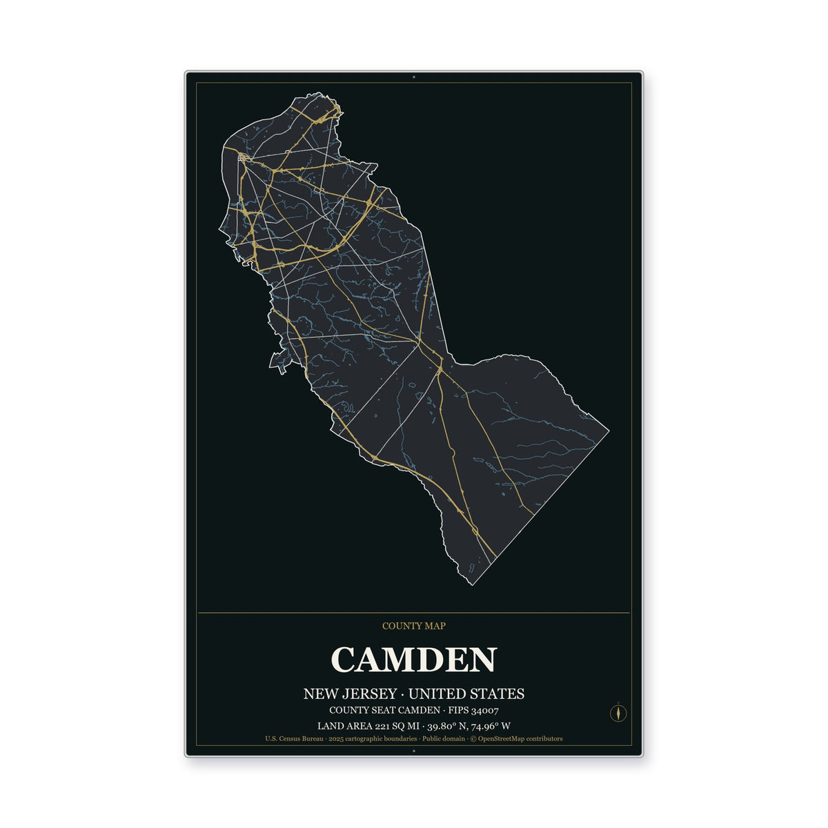 Camden County, New Jersey Map Aluminum Sign in Metropolitan Noir style