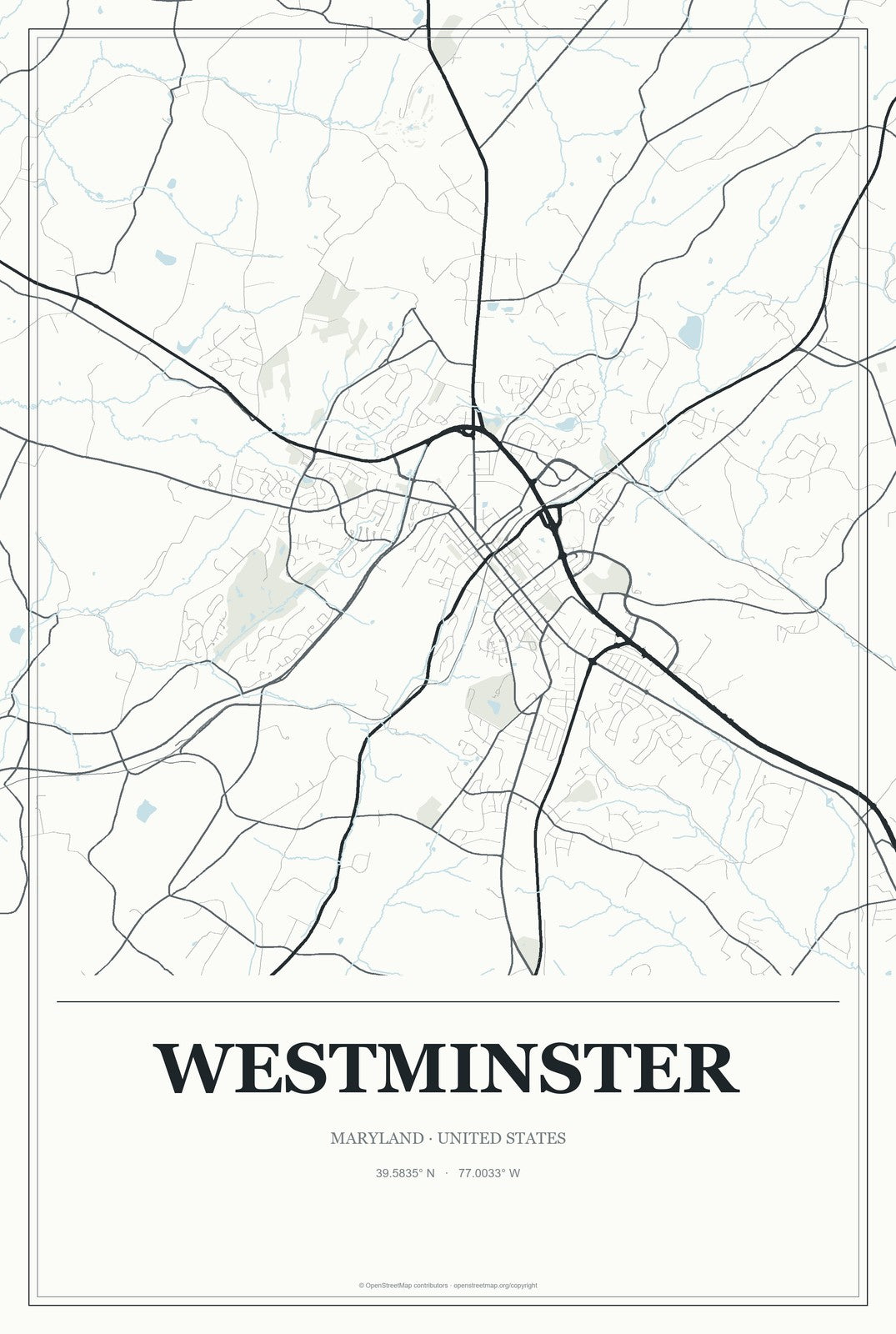 Westminster, Maryland City Map Aluminum Sign in Gallery Air style