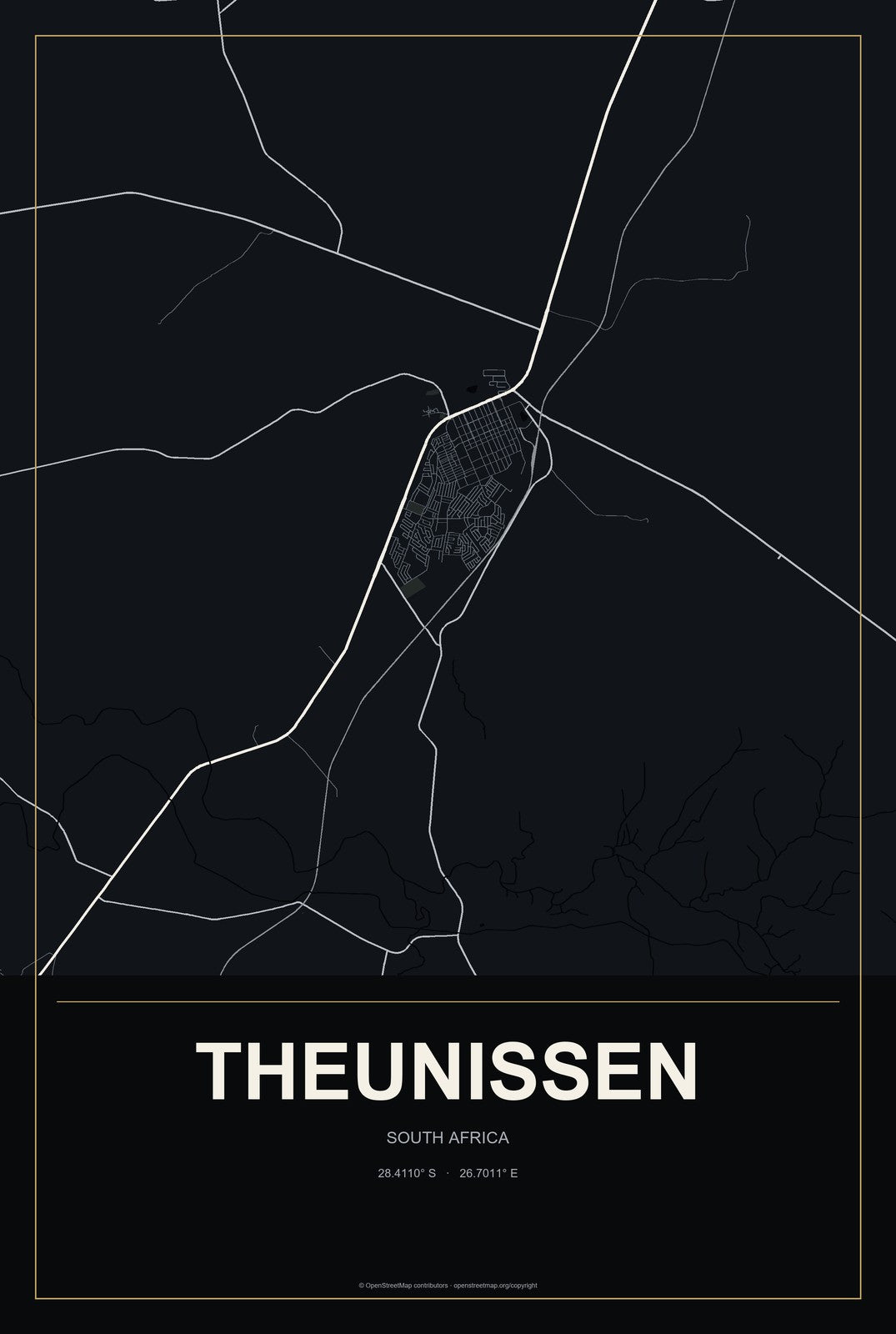 Theunissen, South Africa City Map Aluminum Sign in Metropolitan Noir style