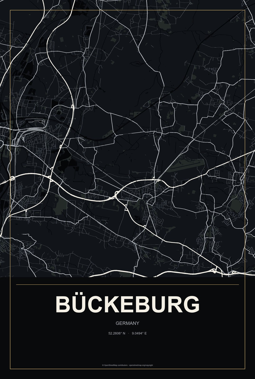 Bückeburg, Germany City Map Aluminum Sign in Metropolitan Noir style