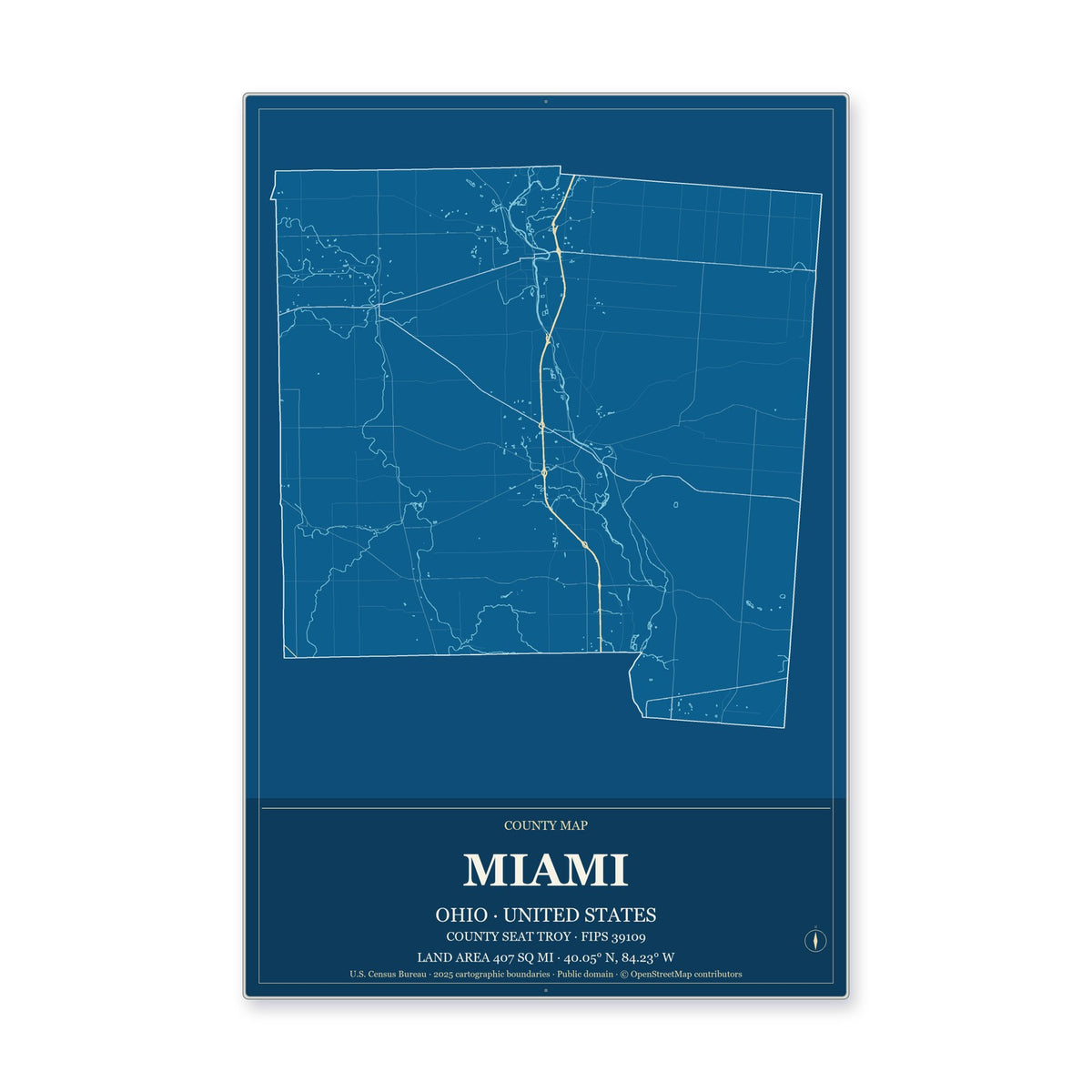 Miami County, Ohio Map Aluminum Sign in Harbor Cobalt style