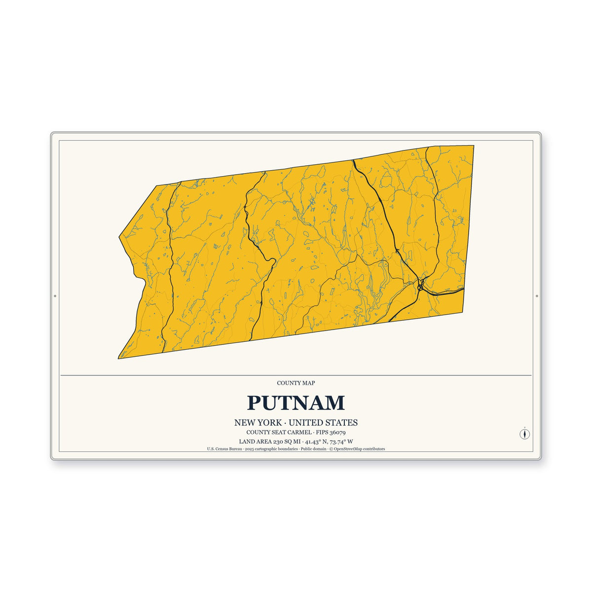 Putnam County, New York Map Aluminum Sign in Citrine Modern style
