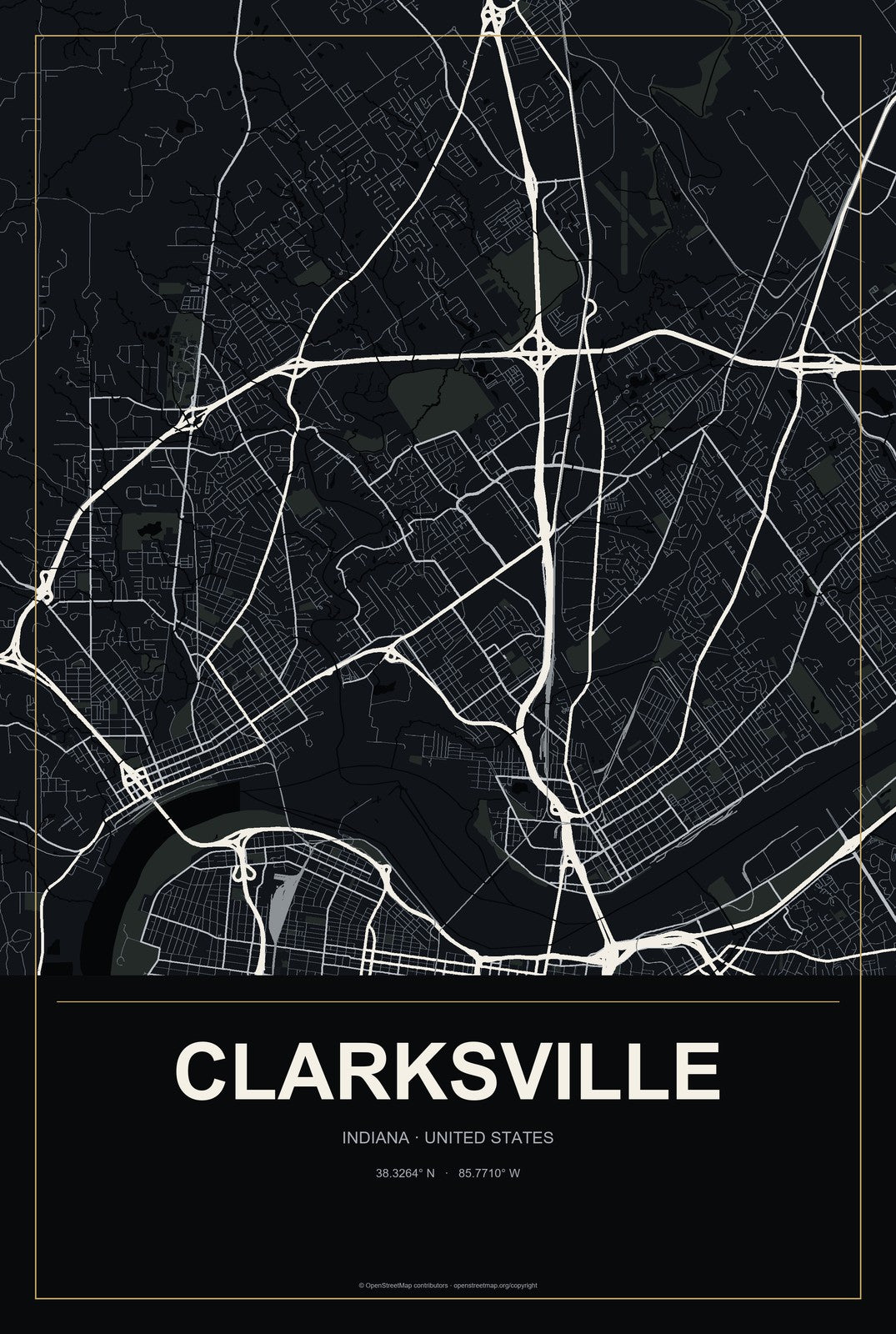 Clarksville, Indiana City Map Aluminum Sign in Metropolitan Noir style