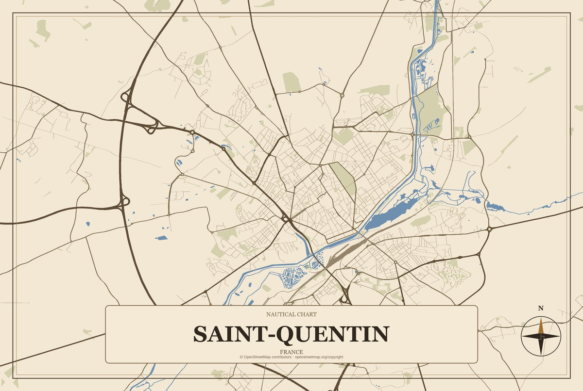 Saint-Quentin, France City Map Aluminum Sign in Heritage Nautical style
