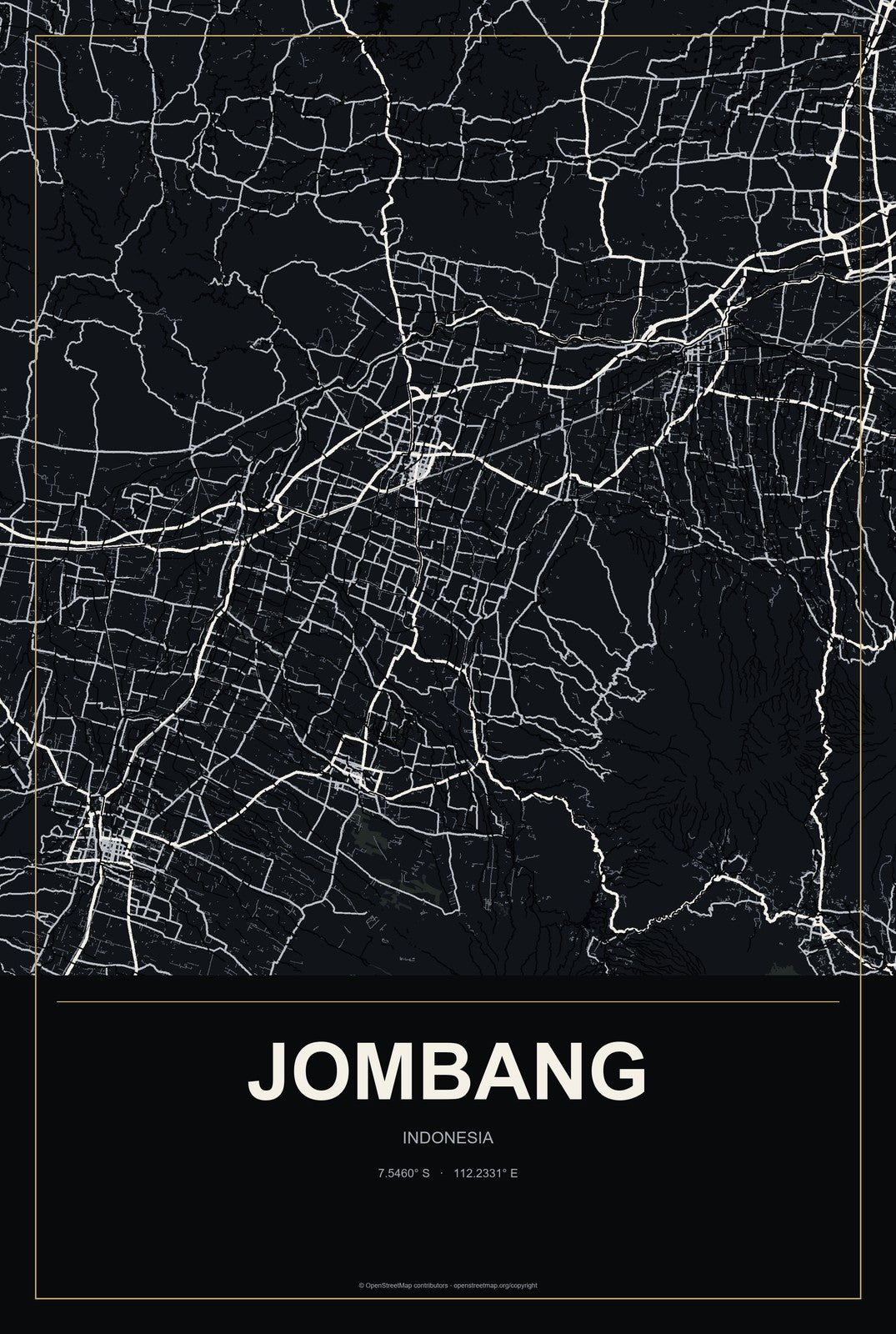 Jombang, Indonesia City Map Aluminum Sign in Metropolitan Noir style