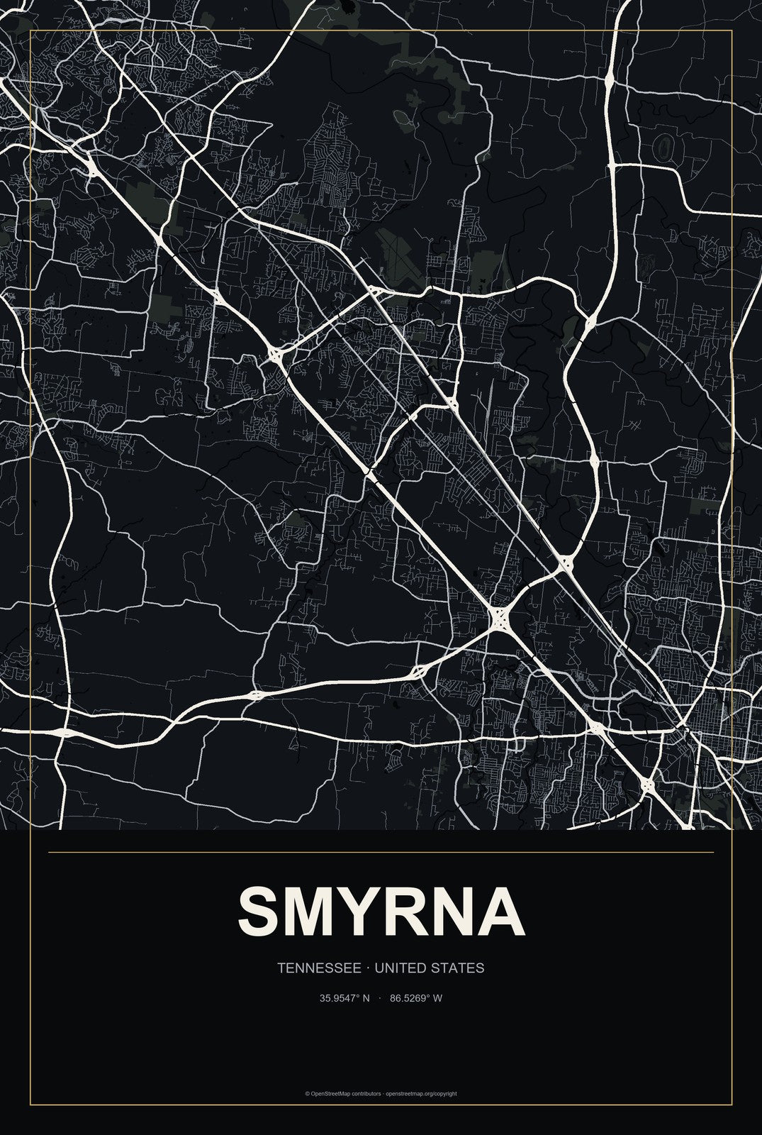 Smyrna, Tennessee City Map Aluminum Sign in Metropolitan Noir style