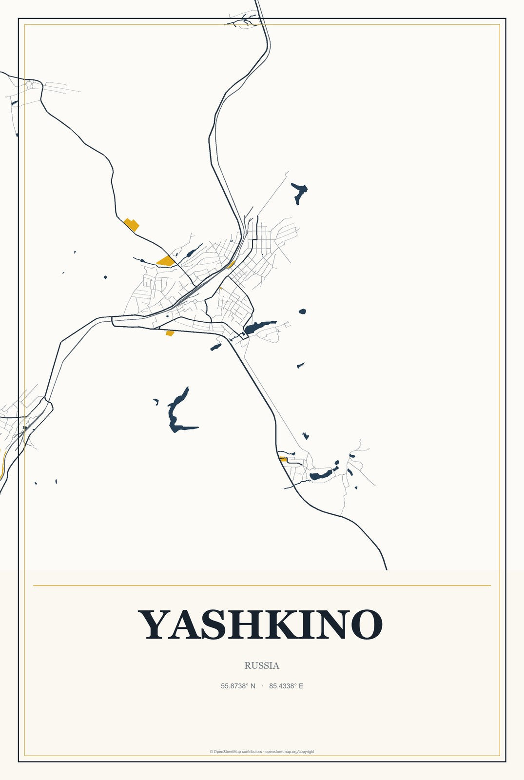 Yashkino, Russia City Map Aluminum Sign in Citrine Modern style