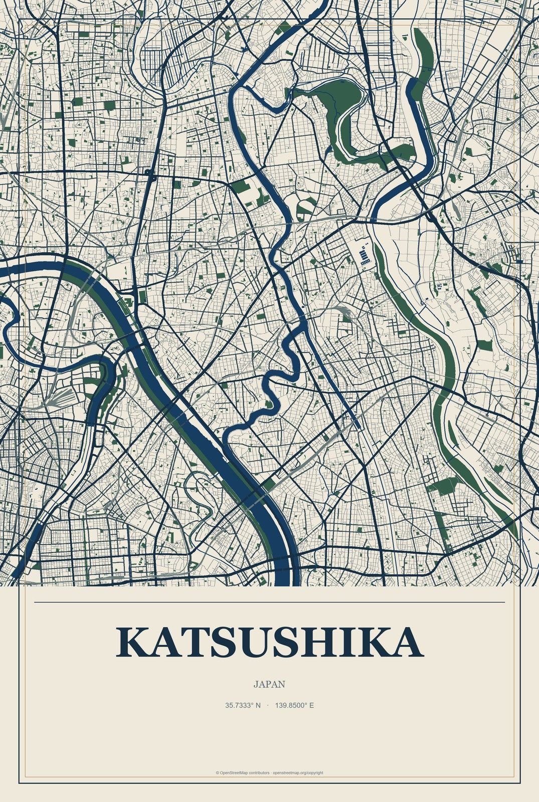 Katsushika, Japan City Map Aluminum Sign in Coastal Cutout style