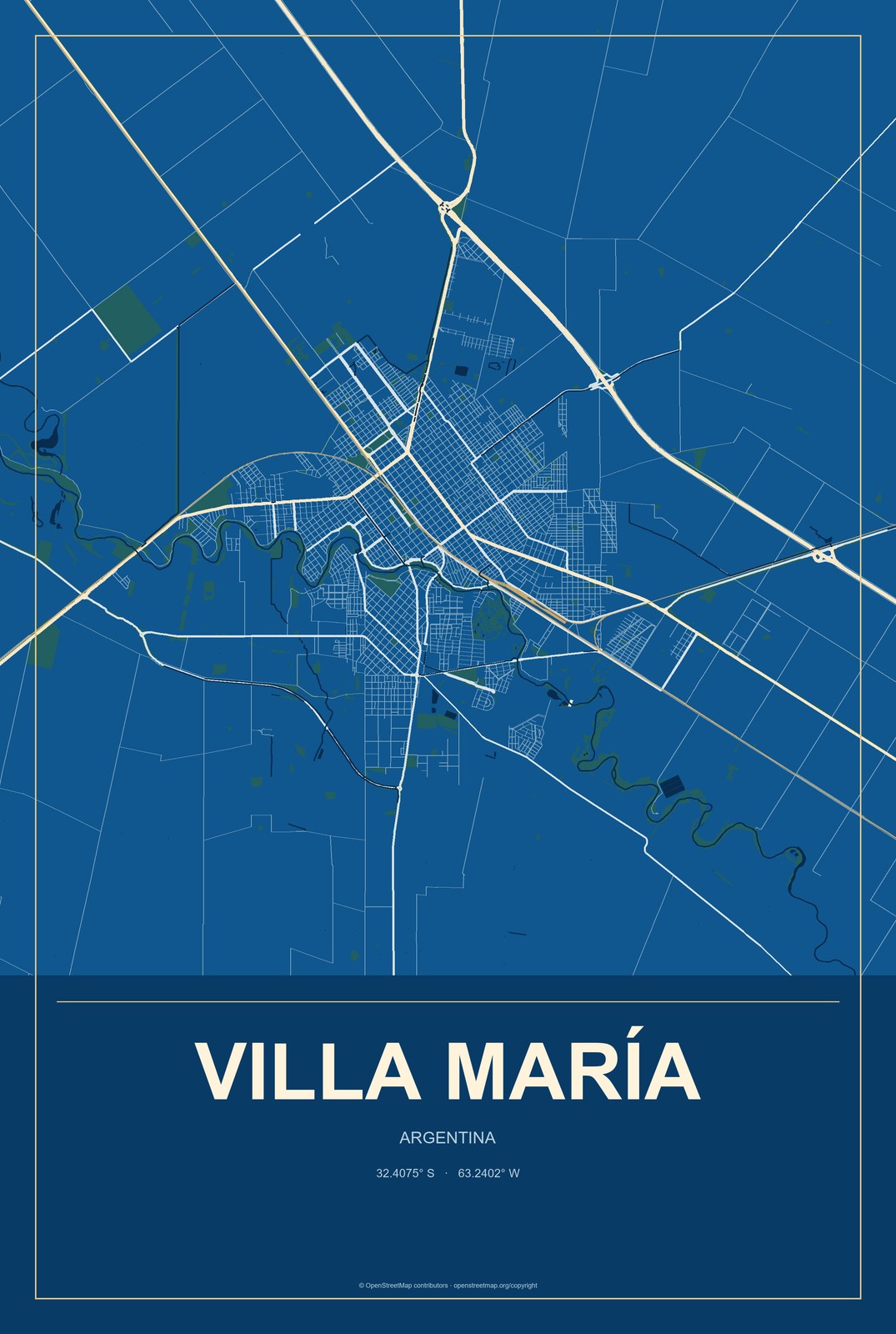 Villa María, Argentina City Map Aluminum Sign in Harbor Cobalt style
