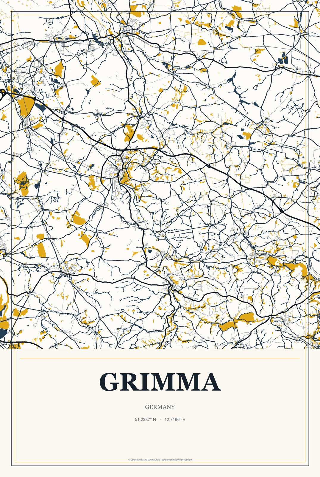 Grimma, Germany City Map Aluminum Sign in Citrine Modern style