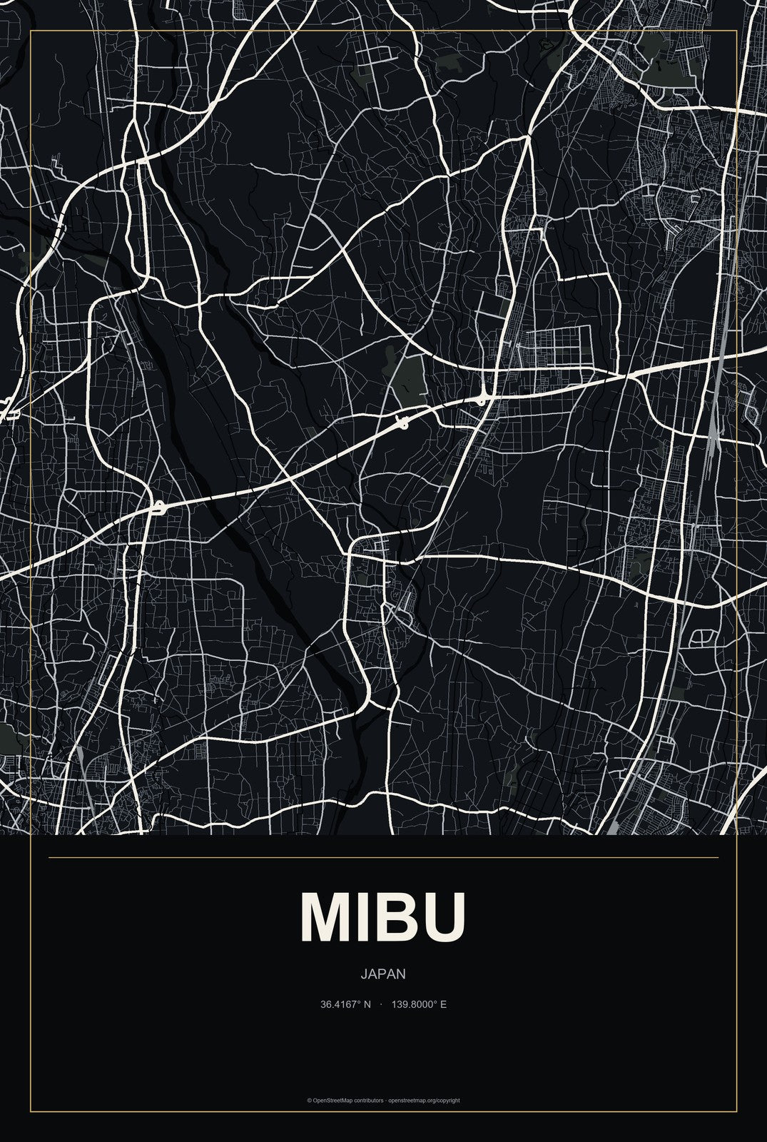 Mibu, Japan City Map Aluminum Sign in Metropolitan Noir style